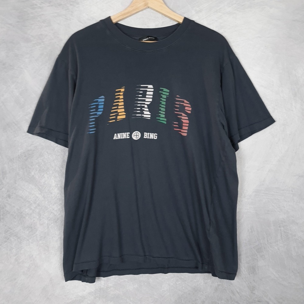 ANINE BING Shirt Womens Large Black Paris Logo Graphic Stripe Logo Crew Neck